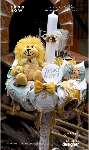 Lumanare de botez handmade cu jucarie de plus leut haios, Leul junglei 3